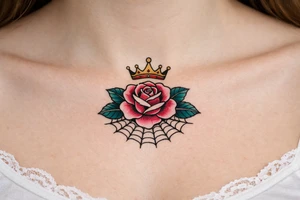 Pink and petrol rose , petrol leaves no stem, minimalist crown above it, spider web beneath tattoo idea