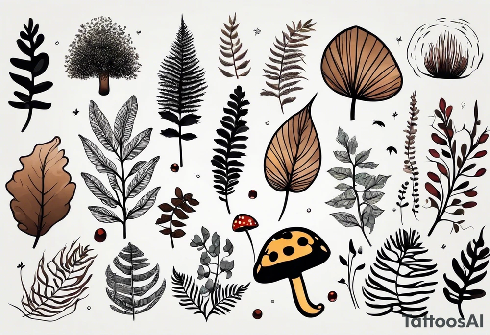 minimalistic forest floor inspired tattoo, which includes grass, moss, curly ferns and dead leaves as the bulk of the tattoo. details to include: forest berries, couple of very small brown mushrooms, a tiny bumblebee flying nearby tattoo idea