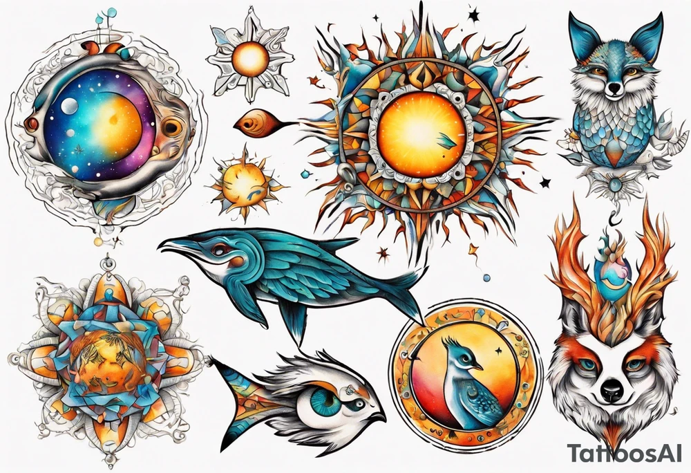 fisch, fuchs und eule , symetrie  sonne, universum, bunt, " sapere aude" tattoo idea