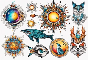 fisch, fuchs und eule , symetrie  sonne, universum, bunt, " sapere aude" tattoo idea