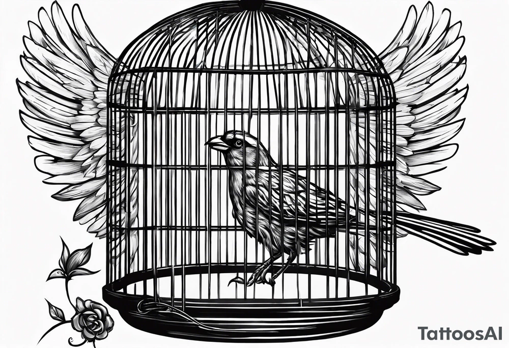 really big bird in a long but too small cage for him. the bird seats in the cage and the wings of the bird passing threw the bars of the cage.
 Add decoration outside the cage like flowers or foliage tattoo idea
