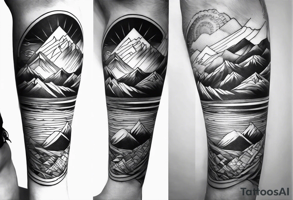 Mountain ocean geometric male full leg sleeve tattoo idea