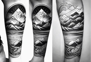 Mountain ocean geometric male full leg sleeve tattoo idea