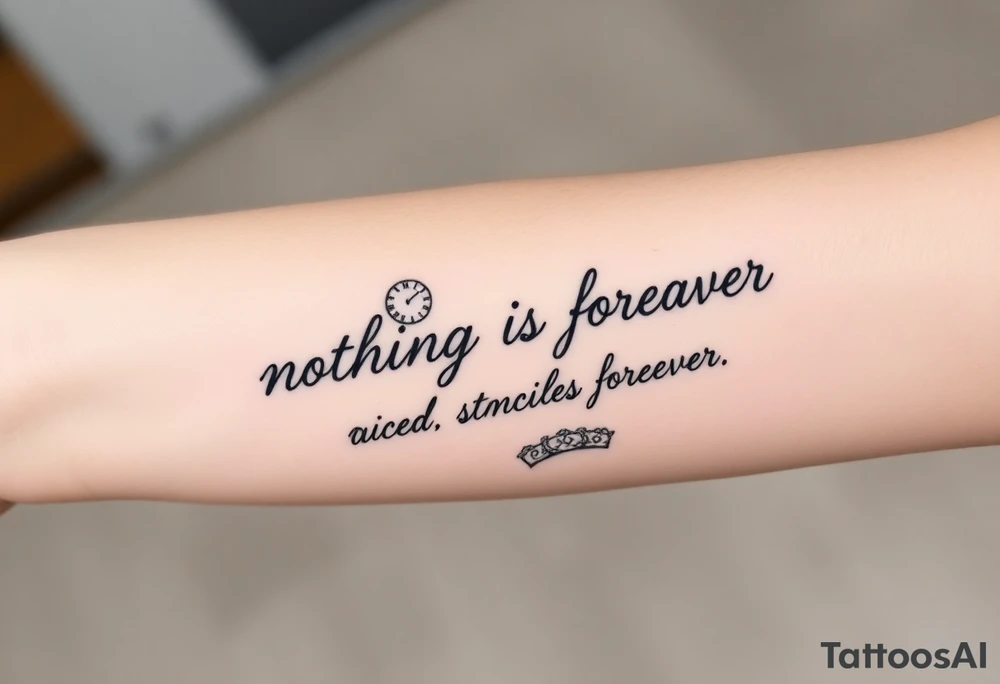 Roman clock with roses and a crown,  a quote that says nothings forever. and on the bottom a deck of cards tattoo idea