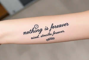 Roman clock with roses and a crown,  a quote that says nothings forever. and on the bottom a deck of cards tattoo idea