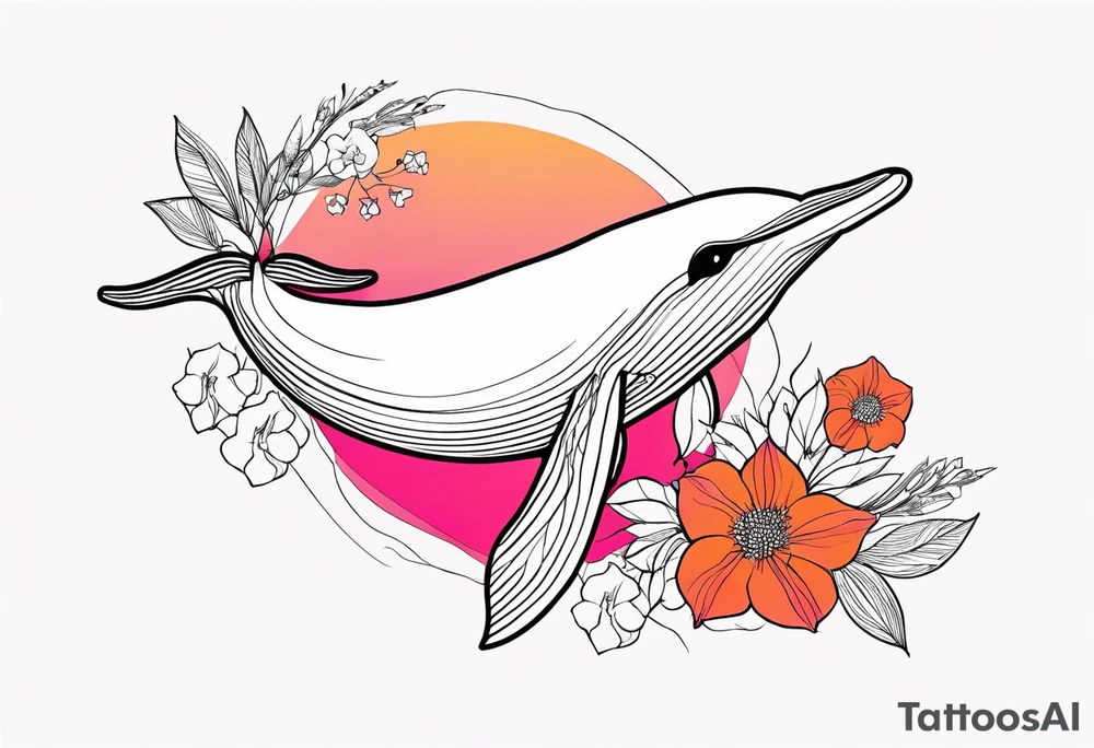 Small whale, hummingbird, face, flowers, bold color, collage, pink, orange, red tattoo idea