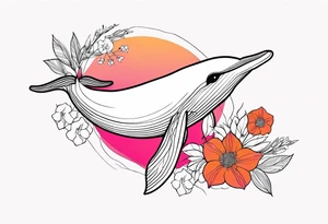 Small whale, hummingbird, face, flowers, bold color, collage, pink, orange, red tattoo idea