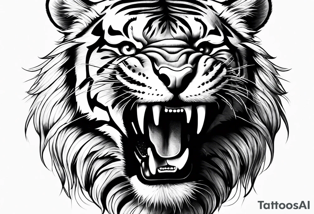 Photo Realism, highly detailed, Fierce tiger roaring tattoo idea