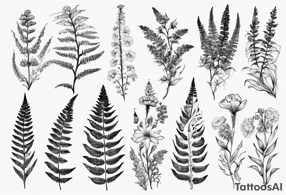 Sword fern and Vancouver island wildflowers tattoo idea
