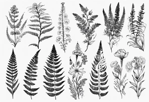 Sword fern and Vancouver island wildflowers tattoo idea