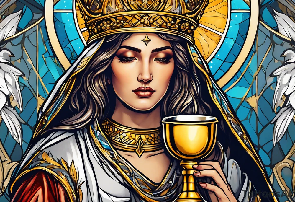 holy saint woman turned away with golden halo holding a chalice tattoo idea