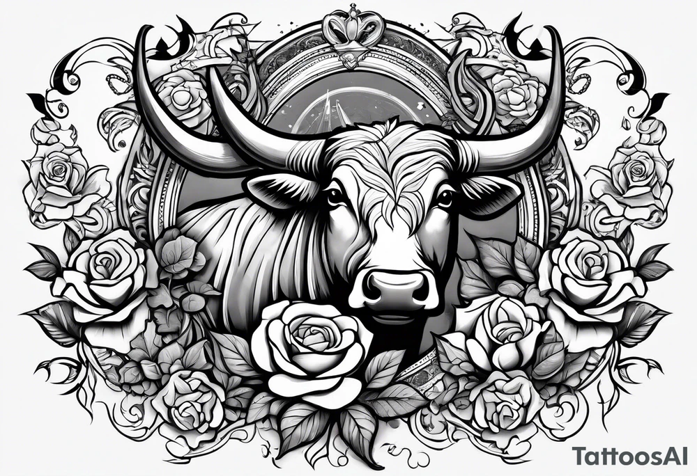 Tattoo thigh peice with Roses and flowers With nursing and hunting and cows and bulls and fishing and love and church. tattoo idea