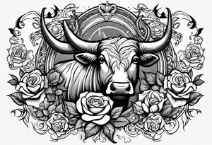 Tattoo thigh peice with Roses and flowers With nursing and hunting and cows and bulls and fishing and love and church. tattoo idea