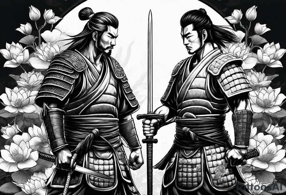 Samurai warrior and spartan warrior facing off, include lotus flowers in the background, both warriors should appear aggressive looking ready for battle tattoo idea