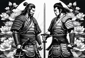Samurai warrior and spartan warrior facing off, include lotus flowers in the background, both warriors should appear aggressive looking ready for battle tattoo idea