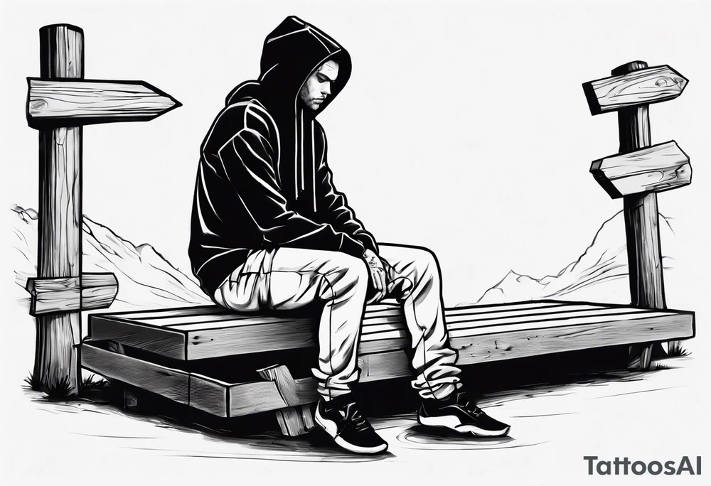 a guy in a hoodie sitting on a wooden box, looking down. Make it feel contemplative, as if you're viewing it from 10 meters away. tattoo idea