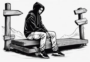 a guy in a hoodie sitting on a wooden box, looking down. Make it feel contemplative, as if you're viewing it from 10 meters away. tattoo idea