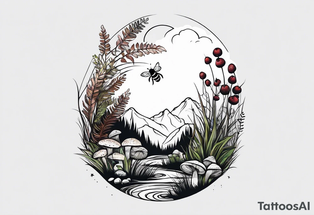 forest floor inspired minimalist tattoo, which includes grass, curly ferns, moss and dead leaves as the bulk of the tattoo. details to include: forest berries, a tiny bumblebee flying nearby, three small brown mushrooms
Generate a vertically long one tattoo idea