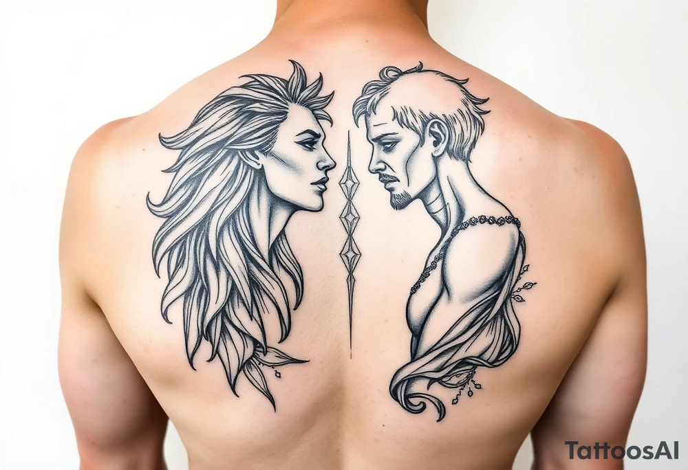 Eros and psyche in illustrative fine line tattoo idea