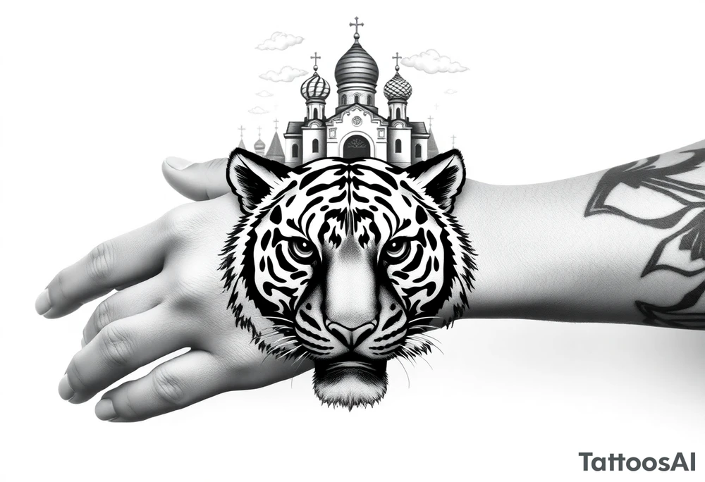 Realistic tiger face on the back of the hand with its eyes ALL black and no pupils, sitting beneath a Russian Orthodox cathedral sitting above on the top fore arm with onion domes and orthodox crosses. with clouds above and a virgin mary tattoo idea
