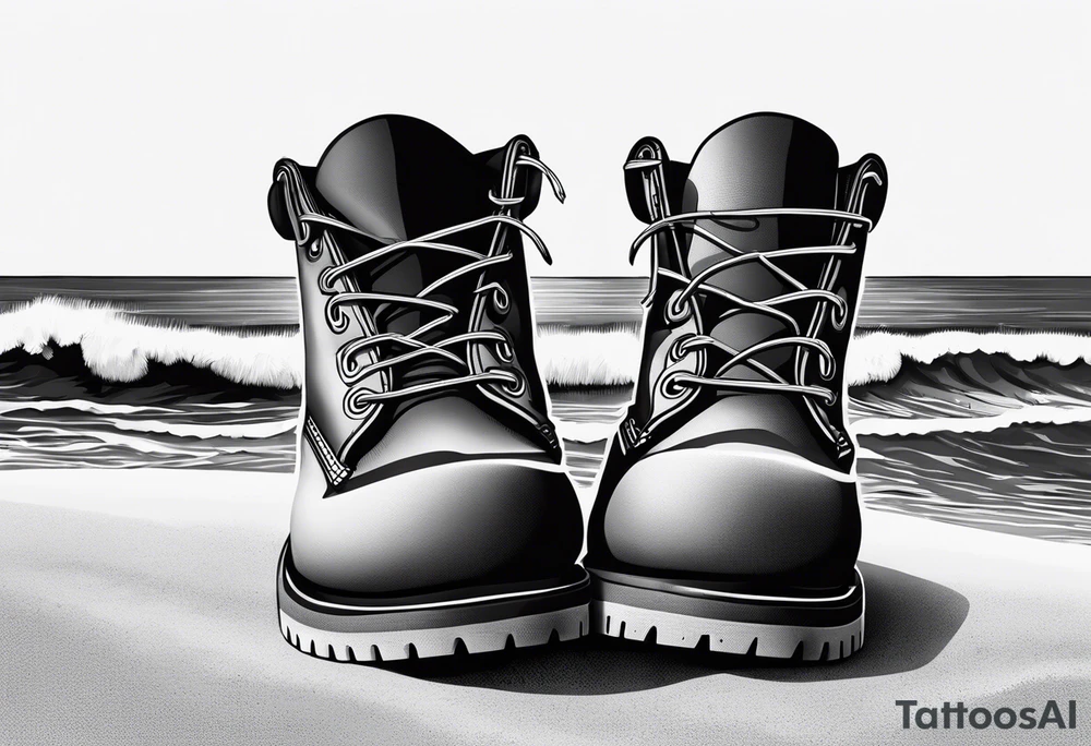 Two flip flops next to a pair of timberland boots on the Beach. tattoo idea