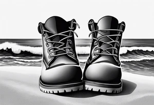 Two flip flops next to a pair of timberland boots on the Beach. tattoo idea