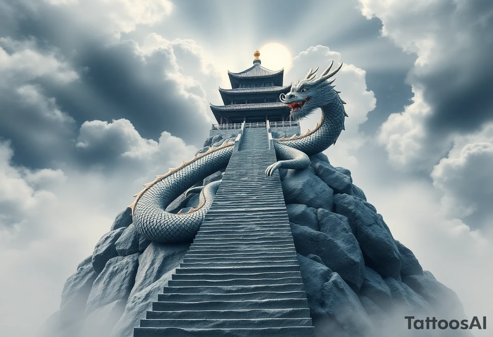 Um templo chinês majestoso no topo da composição, envolto por nuvens densas e etéreas, transmitindo uma sensação de mistério e espiritualidade. Uma longa escadaria de pedra se estende desde a base da tatuagem até o templo, simbolizando a jornada e a ascensão. Um dragão chinês em espiral envolve toda a escada, com o corpo sinuoso acompanhando cada degrau, como se estivesse protegendo o caminho sagrado. As nuvens se misturam ao corpo do dragão, criando movimento, profundidade e um visual harmonioso, reforçando a ideia de força, sabedoria e transcendência. tattoo idea