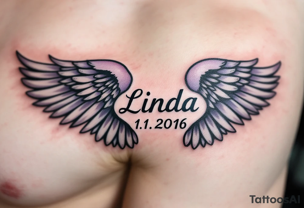 pair of angel wings enclosing name Linda and numbers 1.1.2016 v 0:01", done in light gray and faded lilac. tattoo idea