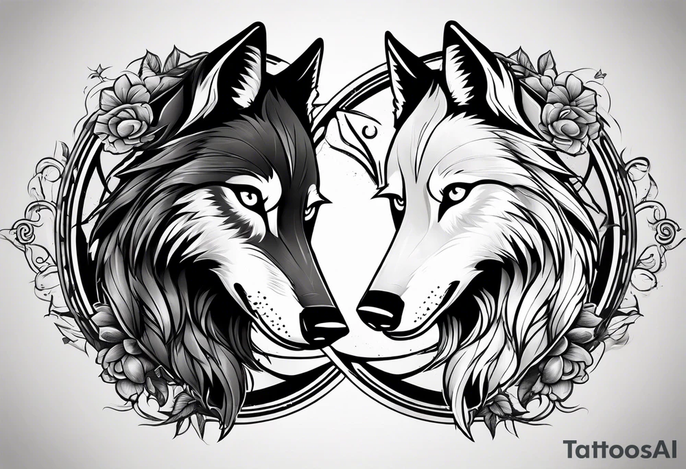 black wolf and white wolf in a ying yang style tattoo idea
