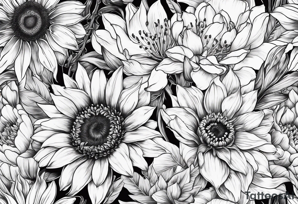 sunflower, lily, peony, cherry blossom and tulip tattoo idea