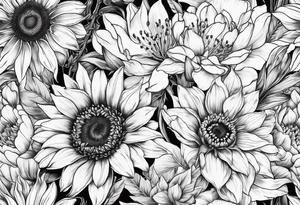 sunflower, lily, peony, cherry blossom and tulip tattoo idea