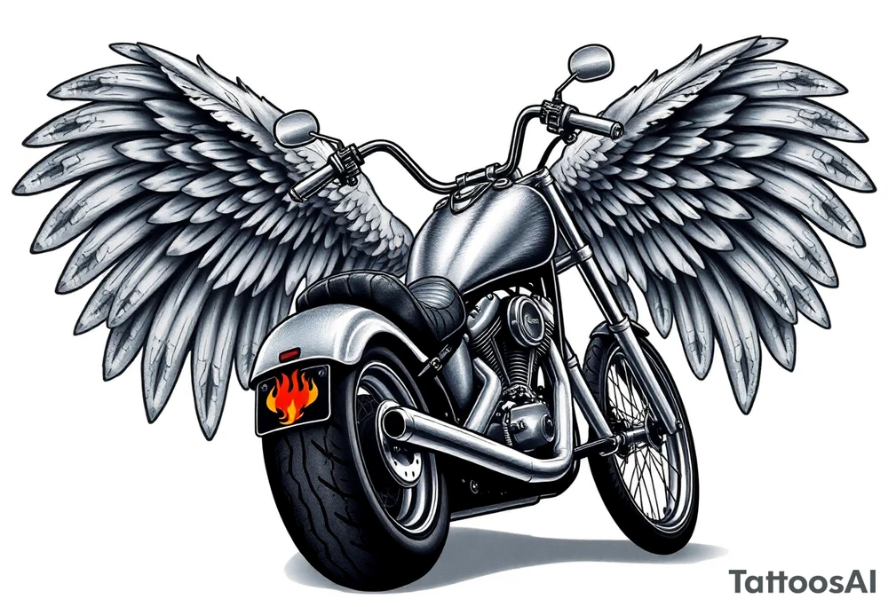 Low rider grey motorcycle, big muffler pipes with flames, angel wings, driving away, no person tattoo idea