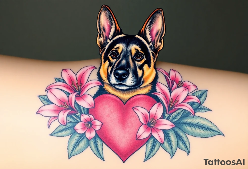 tough looking short haired german shepherd with alert ears surrounded by pink lilies with large leaves in front of a sacred heart tattoo idea