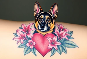 tough looking short haired german shepherd with alert ears surrounded by pink lilies with large leaves in front of a sacred heart tattoo idea
