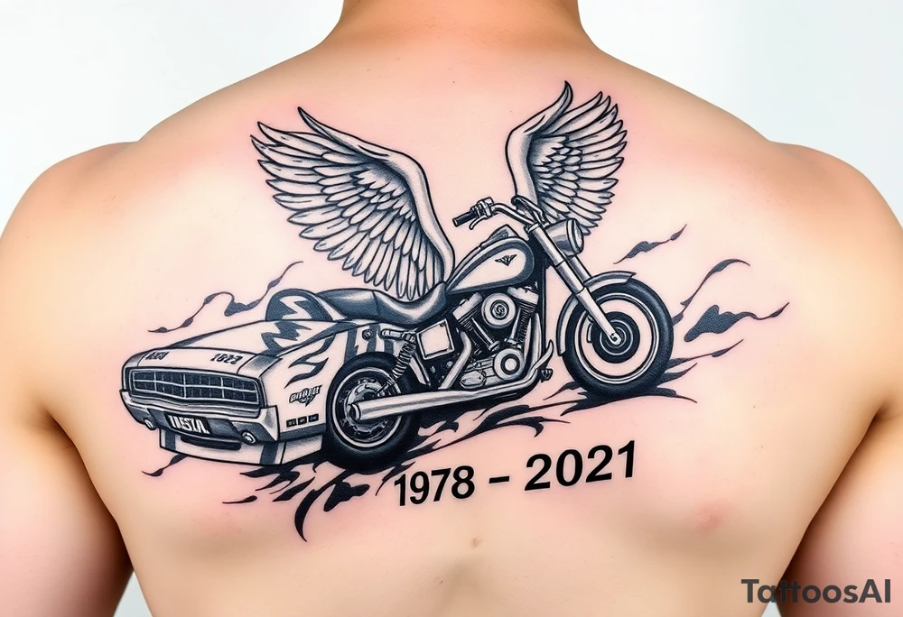 Dale Earnhardt car on it with the year 1958 - 2021 intertwined with a motorcycle on it with guardian angel wolves tattoo idea