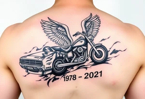 Dale Earnhardt car on it with the year 1958 - 2021 intertwined with a motorcycle on it with guardian angel wolves tattoo idea