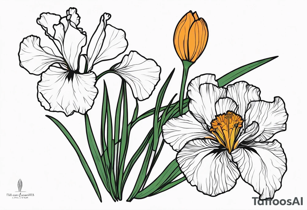 The names heather and Tayah as the stem of a marigold and a iris flowers tattoo idea