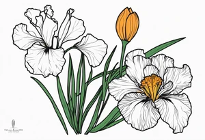 The names heather and Tayah as the stem of a marigold and a iris flowers tattoo idea