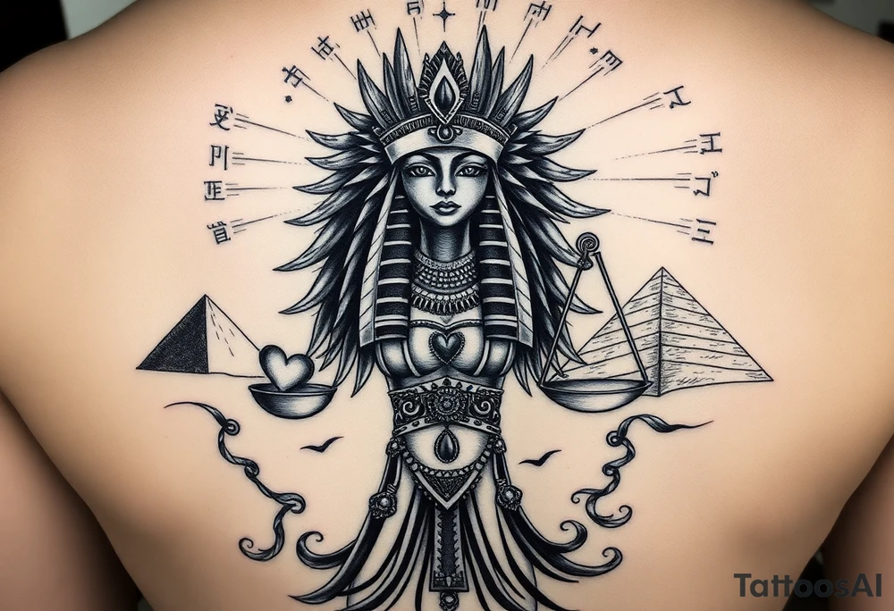 “Super realistic black and grey tattoo of the Egyptian goddess Ma’at, depicted as a regal woman with an ostrich feather headdress, intense glowing eyes, and intricate ancient Egyptian jewelry. She stands or floats amidst swirling cosmic energy and beams of light, with subtle hieroglyphics and pyramids in the background. Incorporate the Scales of Justice—one side holding a heart, the other Ma’at’s feather—glowing with ethereal energy. Emphasize dramatic lighting, deep shadows, and surreal, mystical atmosphere to match a sleeve with Anubis and cosmic motifs. Design should flow with existing sleeve art, using soft transitions and layered textures. tattoo idea