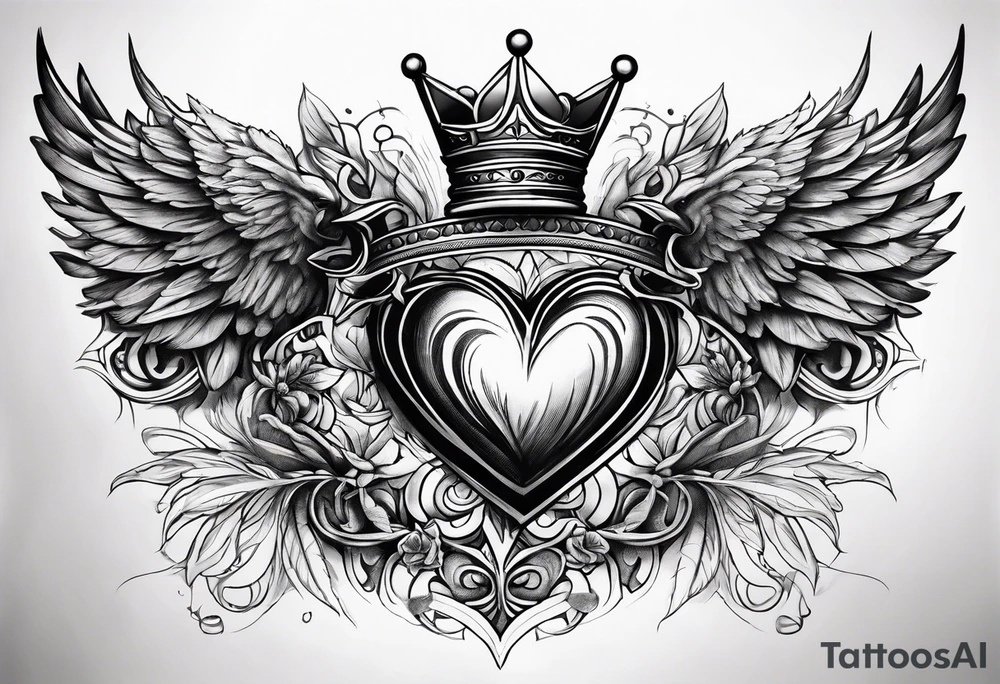 Heart, kings crown and wings tattoo idea