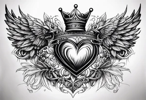 Heart, kings crown and wings tattoo idea
