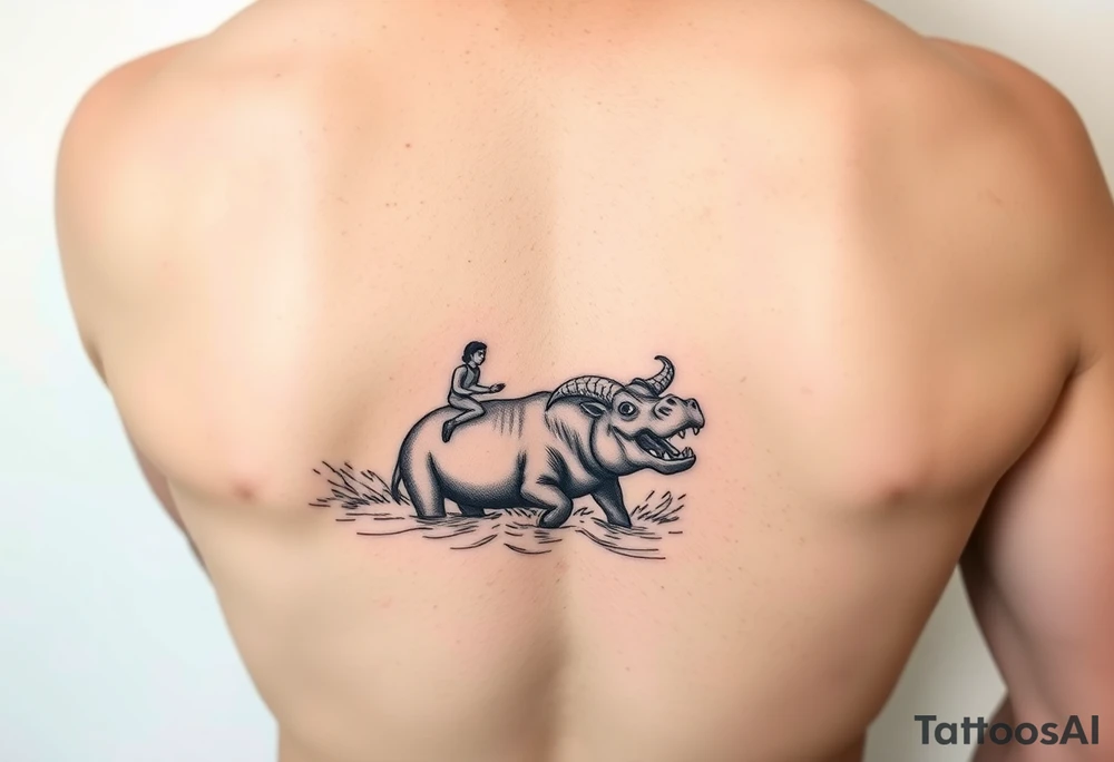 2 miniature people who are majestically floating down a river as a angry hippopotamus with goat horns chasing them tattoo idea