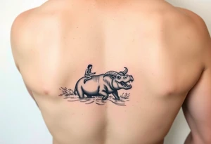 2 miniature people who are majestically floating down a river as a angry hippopotamus with goat horns chasing them tattoo idea