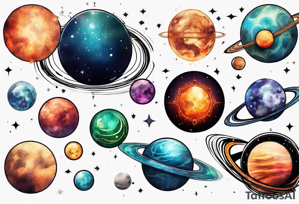 Planets in the style of chakra alignment tattoo idea