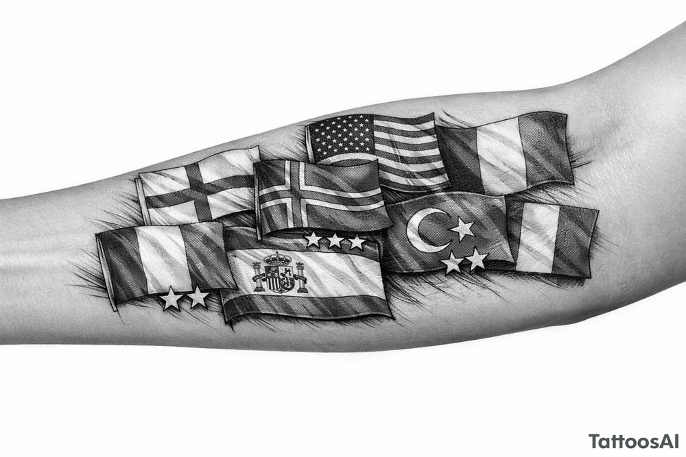 England USA Iceland Italy Spain Turkey France Hungary flags inside forearm can u put 3 stars under iceland , 2 under turkey and italy tattoo idea