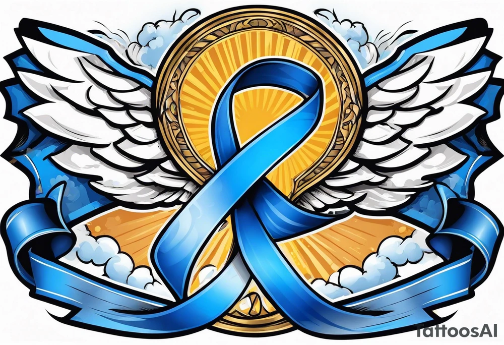 Blue colon cancer ribbon with angel winds and flag blend in tattoo idea