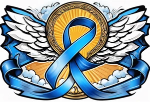 Blue colon cancer ribbon with angel winds and flag blend in tattoo idea