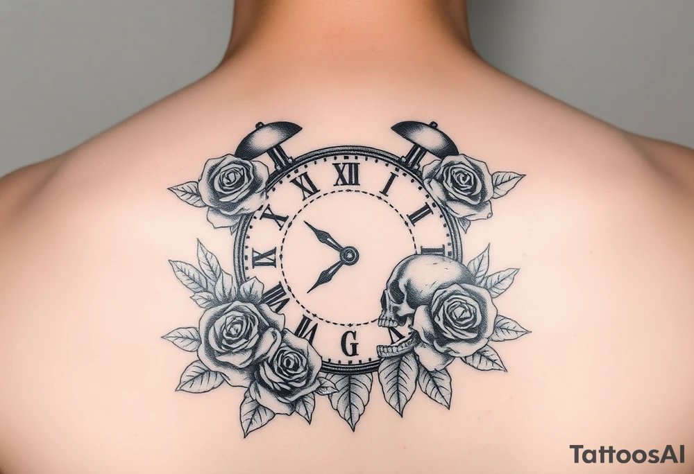 Broken Clock face 11:43 as set time. With roses and skull looking to the clock feminine tattoo idea