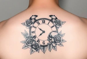 Broken Clock face 11:43 as set time. With roses and skull looking to the clock feminine tattoo idea