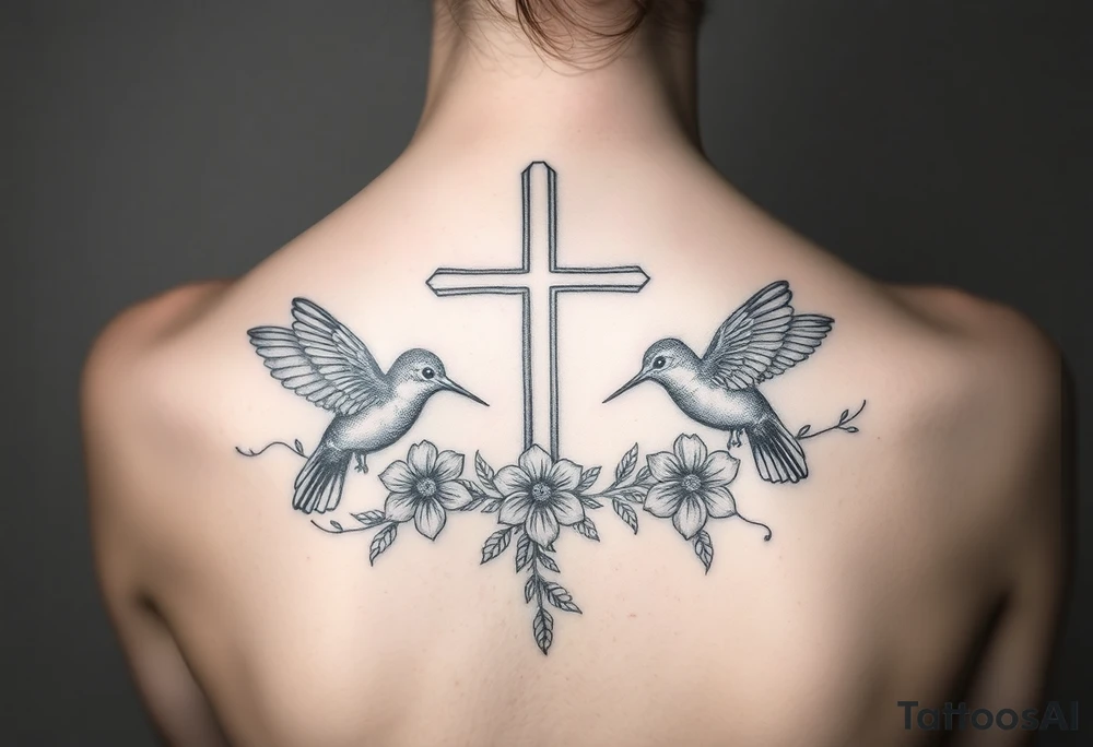 cross surrounded by hummingbirds and flowers tattoo idea